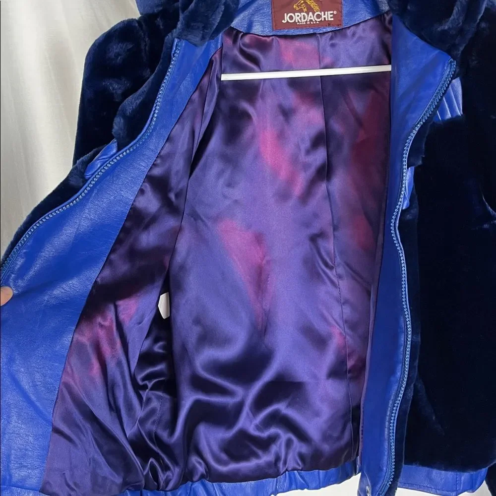 Vintage 1980s Jordache Faux Fur & Faux Leather Dark Blue Hooded Winter Coat